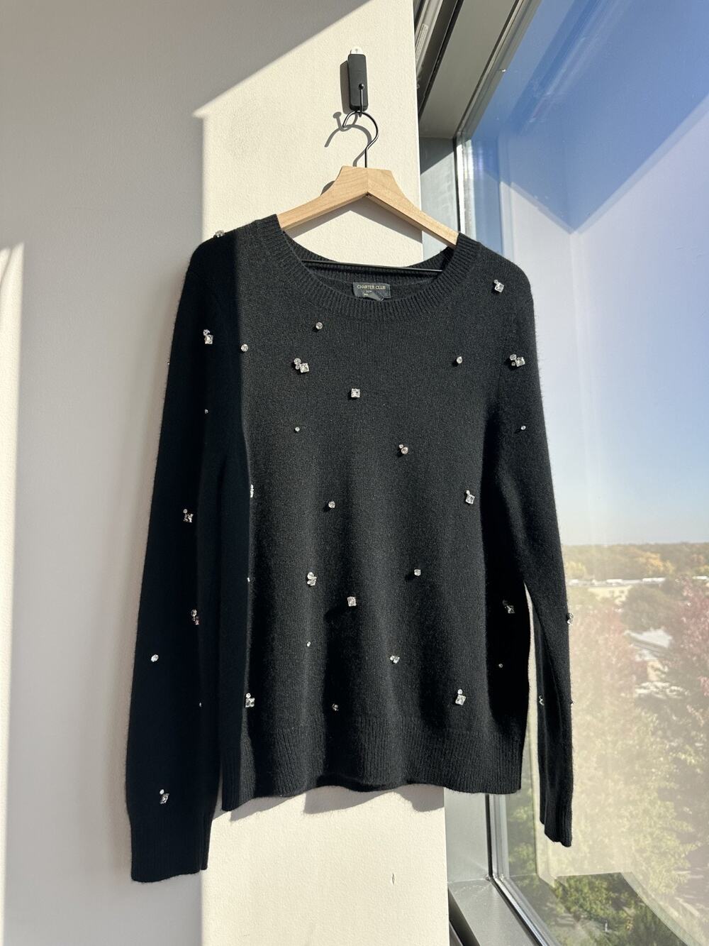 Charter Club Luxury 100% Cashmere Black Embellished Sparkling Rhinestone Sz XL